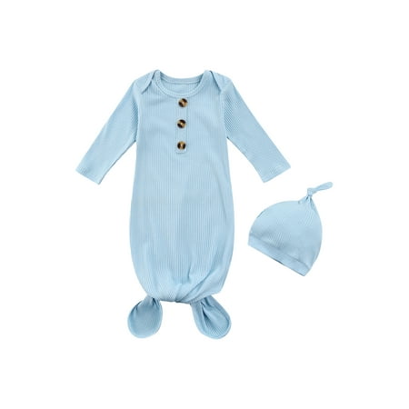 

TheFound Newborn Baby Girl Boy Gowns Long Sleeve Knotted Sleeping Bags with Hat Cotton Nightgown Sleepwear