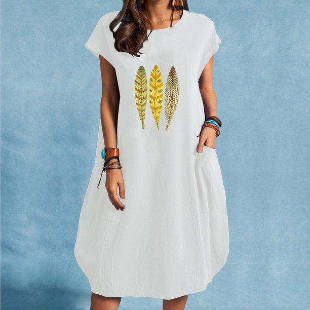 Puntoco Vestido Estampado De Dos Bolsillos Con Cuello Redondo Y Manga Corta De Color Liso Para Mujer Blanco M,Regalos Para Mujer Joven