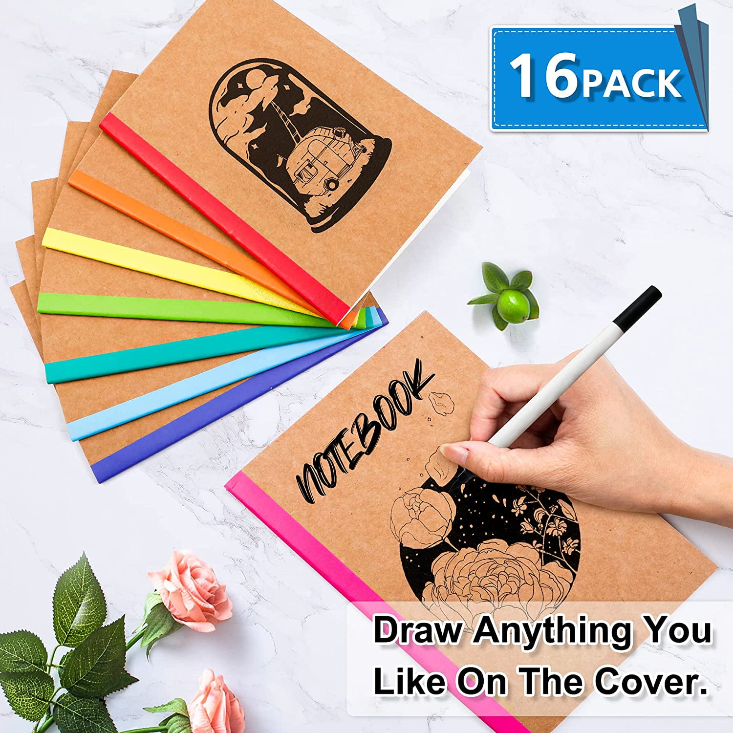 16 Pack Composition Notebooks Bulk, Kraft Cover Lined Blank College Ruled Composition Travel Journals with Rainbow Spines For Women Students Business, 60 Pages, 8.3”x 5.5”, A5, 8 Colors