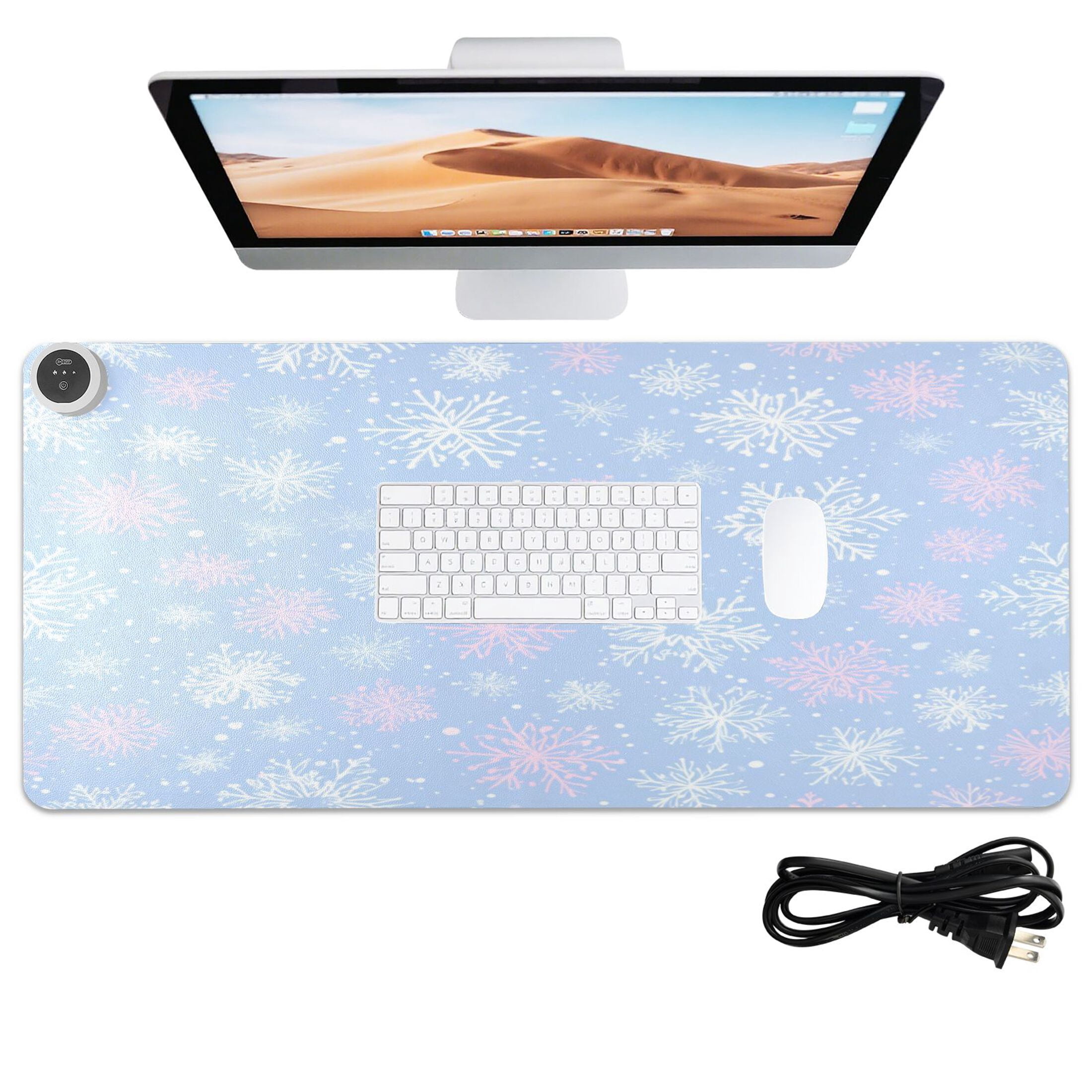 Large Heated Desk Mat Mouse Pad 31.5"x13"PU Leather Graphene Heating Desk Warmer with 3 Temperature Settings 110V US Plug Non-Slip Warm Pad for Home, Office, and Gaming Pale Blue Snowflakes Pattern