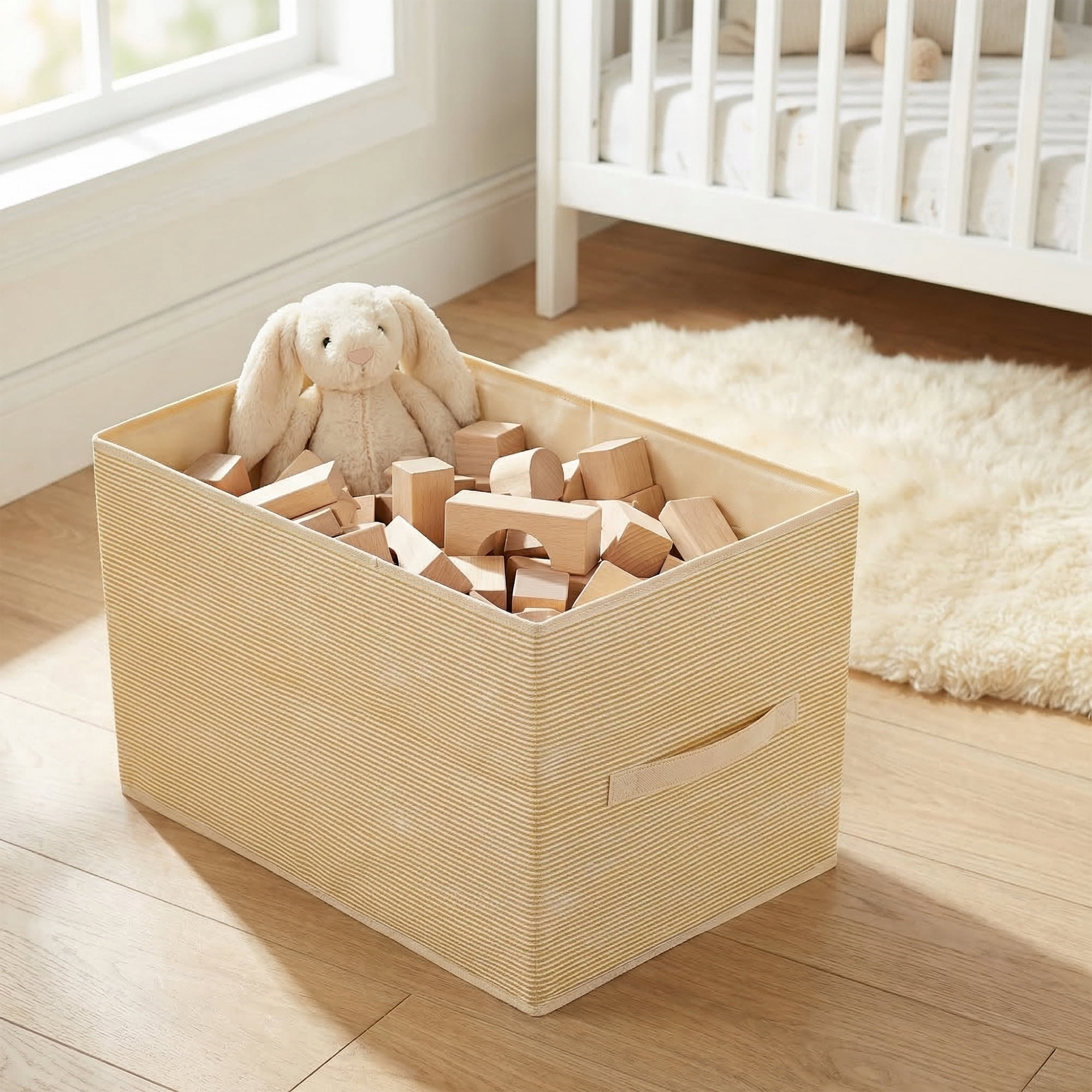 Unique Bargains 3pcs Fabric Storage Bin with Stripe Beige 19.7*13.8*12.6in