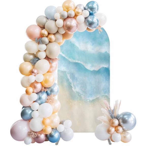 Blue Beige Waves Arch Backdrop Cover, Spandex Fitted Wedding Arch Cover, Summer Beach Coastal Nautical Ocean Round Top Stand Covers for Birthday Ceremony Bridal Shower Party Decor 5x2.1 Ft