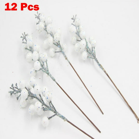 Girlsshop 12Pcs Artificial Christmas Glitter Berries Stems Xmas Tree Wreath Diy Decor,white