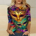 thumbnail image 2 of Riecok Mardi Gras Shirts for Women Mask Print Crewneck Pullover 3/4 Sleeve Tunic Tops Funny Holiday Blouses, 2 of 5