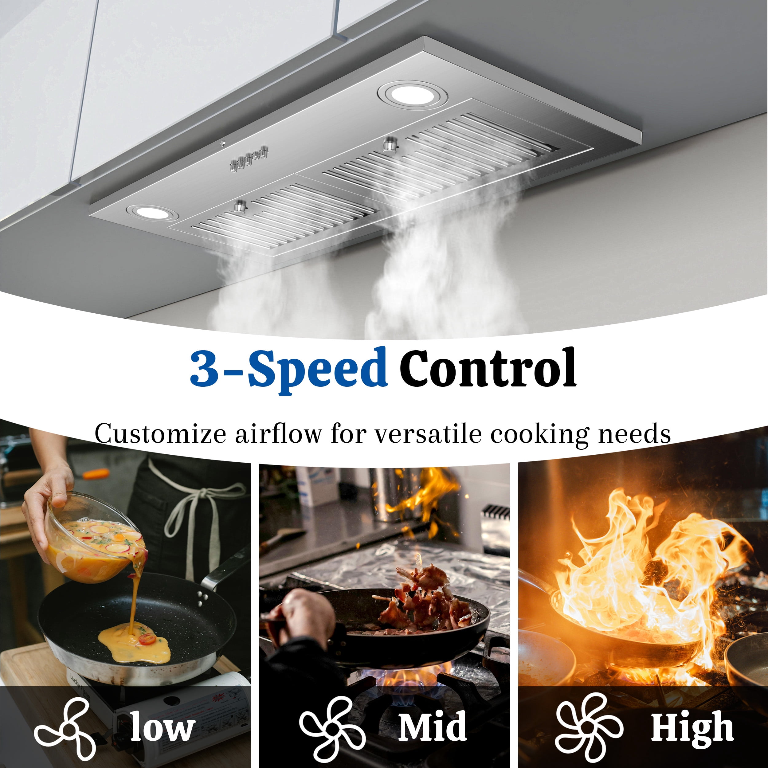 FIREGAS Range Hood 30 inch, Built-in Kitchen Hood with 3 Speed Exhaust Fan, Ducted/Ductless Range Hood, Stainless Steel Range Hoods with Light