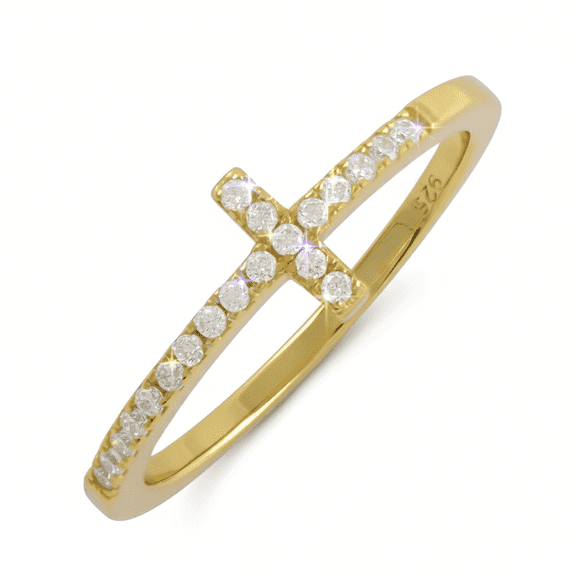 SilverCloseOut Yellow Gold Plated Silver Cz Thin Stackable Sideways Cross Ring - Size 4