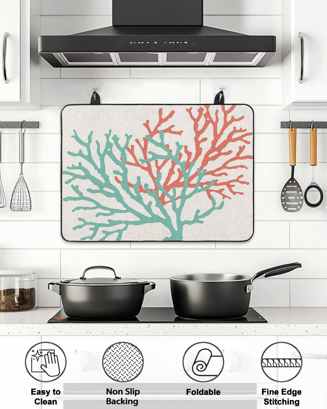 Stove Top Covers for Electric Stove, Teal Red Coral Glass Stovetop Cover Protector, Summer Ocean Nautical Coastal Rustic Burlap Induction Cooktop Protector Oven Mat for Kitchen Countertop 24"x21"