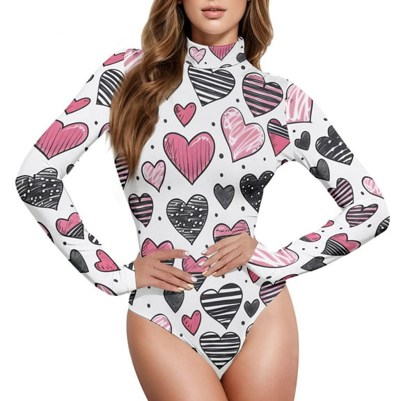 joogoo Hearts Women's Mock Turtle Neck Long Sleeve Bodysuit L
