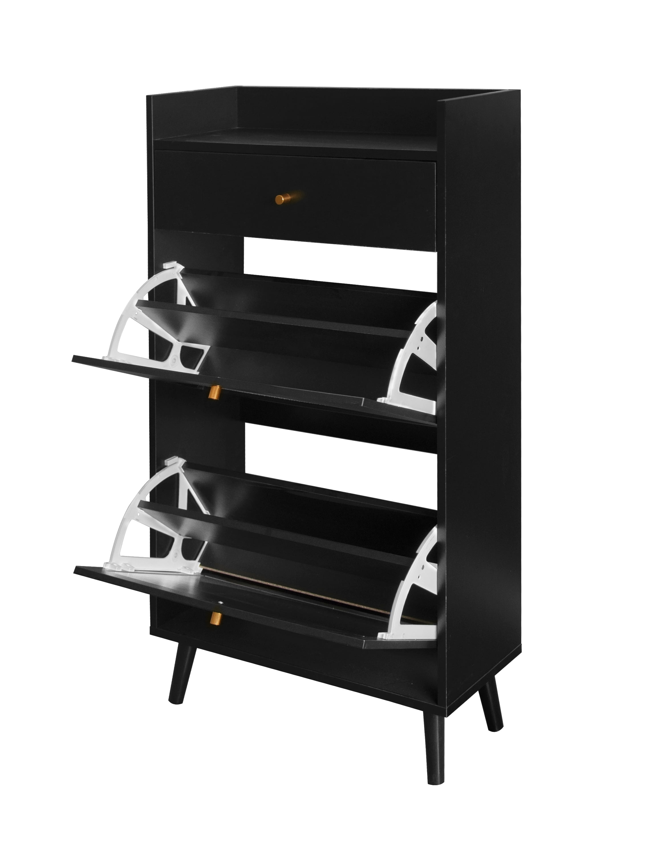 Shoe Rack, Entryway Cabinet, Rattan Shoe Cabinet with 2 Doors 1 Drawer and Double Shelf, Black for Entryway