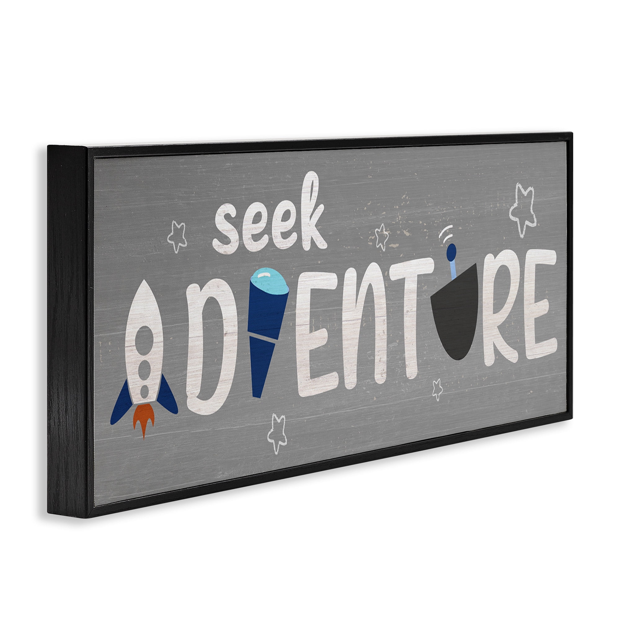 Stupell Industries Seek Adventure Imagination Sentiment Art for Kids Painting Black Framed Art Print Wall Art, 30 x 13