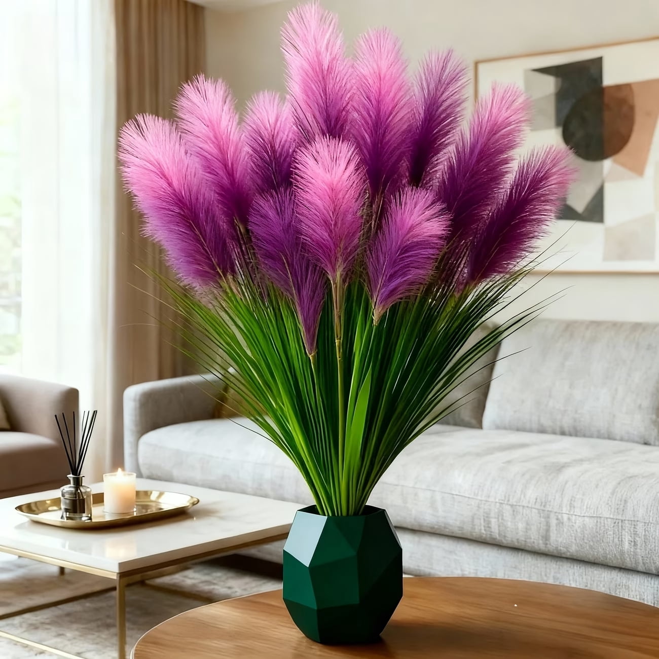 33.5in Faux Purple Reed Plants with 5 Heads, UV Resistant Fake Pampas Grass for Home Decor, Wedding, Party, Indoor Outdoor, No Vase Included