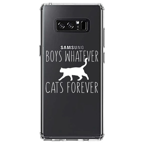 DistinctInk Clear Shockproof Hybrid Case for Samsung Galaxy Note 8 - TPU Bumper Acrylic Back Tempered Glass Screen Protector - Boys Whatever, Cats Forever