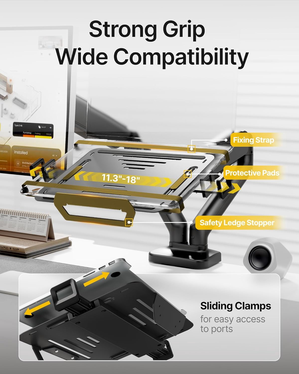 monTEK Monitor and Laptop Mount for 17"-32" Screens & 12"-18" Laptops, Dual Monitor Arm with Adjustable Laptop Tray, Full Motion Desk Mount with Clamp/Grommet Base, VESA 75x75/100x100, Black