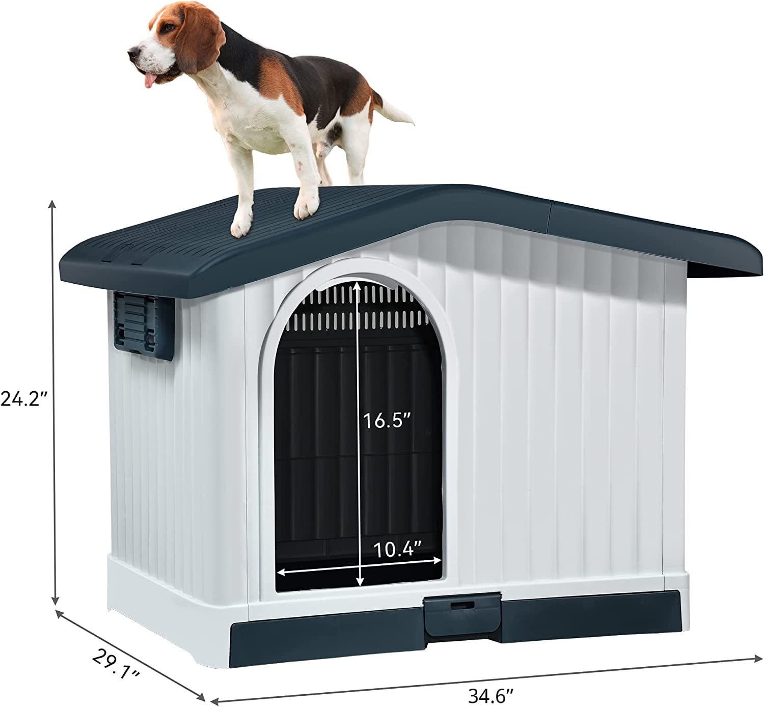Dextrus Large Plastic Dog House with Liftable Roof, Indoor Outdoor Doghouse with Detachable Base and Adjustable Bar Window, Water Resistant Easy Assembly,34.6''L*29.1''W*24.2''H,Gray