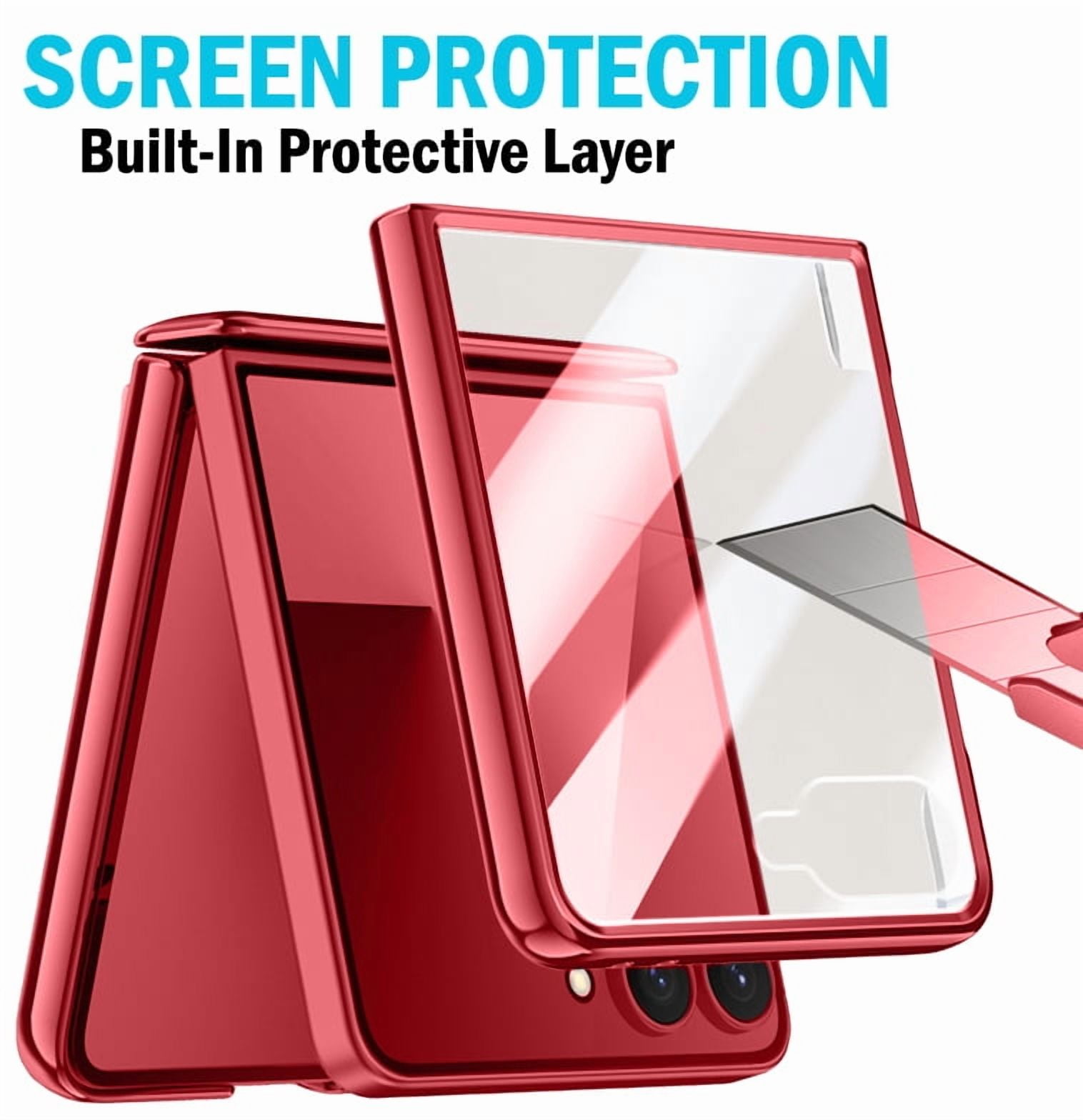 Nakedcellphone Electro Combo for Samsung Galaxy Z Flip 7 Phone Case with Belt Clip Holster Holder - Built-In Screen Protector - Hinge Cover - Compatible with MagSafe - Red/Clear