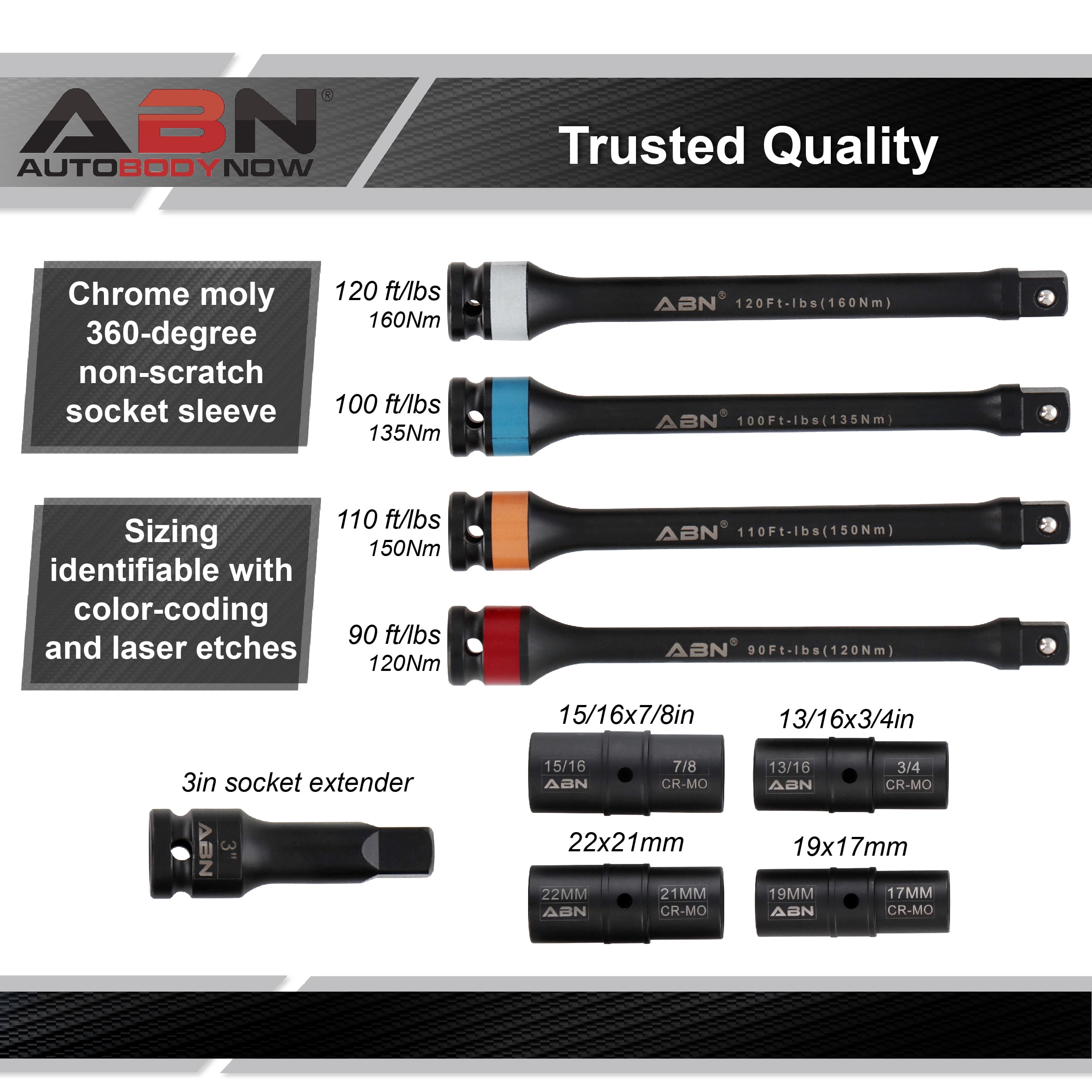 ABN 1/2in Drive Impact Socket Set 9pc Lug Nut Torque Stick Extension Limiter 