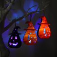 thumbnail image 3 of Paquete de 3 luces LED de calabaza de Halloween portátiles con sombrero de bruja y cara de fantasma parpadeantes para decoración de fiestas, 3 of 5