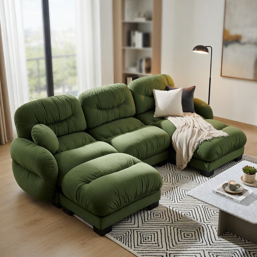Hommoo Chenille U-Shaped Modular Sectional Sofa with Ergonomic Foam, Curved Armrests, 2 Ottomans & 2 Throw Pillows, 3-Seat Pleated Design, Green