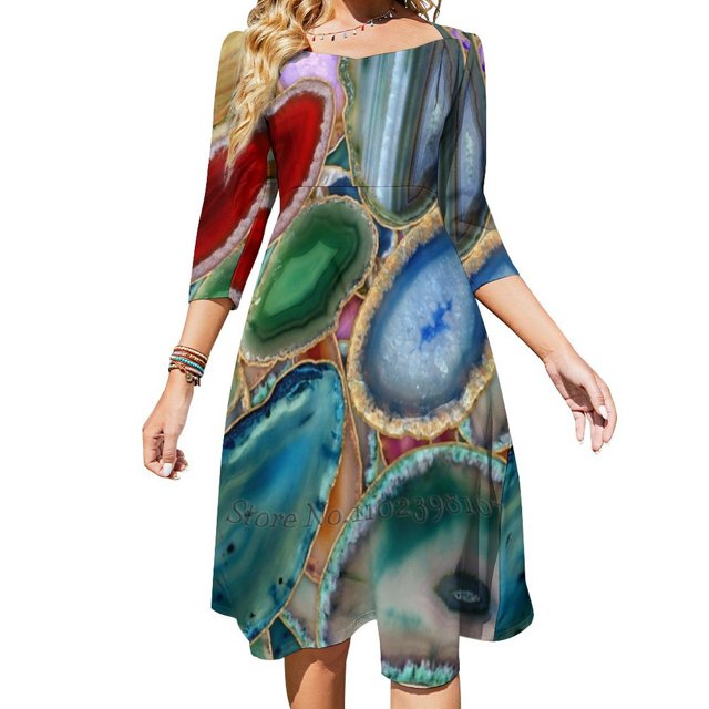 Robe à Motif Cristal-Multicolore Col Carré Robe d'Été Douce Femmes Élégante Robe à Imprimé Halter Géode Géode Cristal