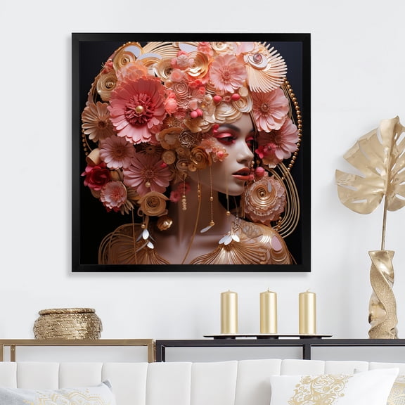 Designart "Melodies of Glamorous Woman in Pink and Gold II" Fashion Framed Wall Art Decor - Glam Pink Fashion Woman Entryway Framed Wall Art Print