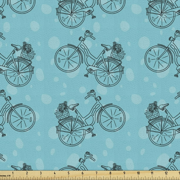 Bike Fabric By The Yard Vintage Style Outline Drawings Of Bicycles Pattern Irregular Bubble Like Spots Upholstery For Dining Chairs Home Decor Accents 3 Yards Aqua Pale Blue Ambesonne - Bicycle Home Decor Accents