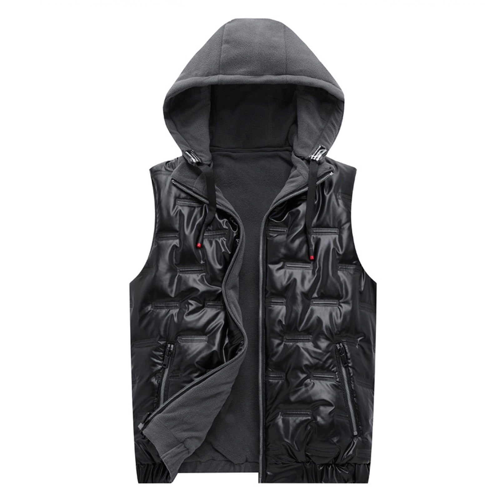 vbnergoie Men's Leather Vest With Zipper Hooded Vest With Pocket H And
