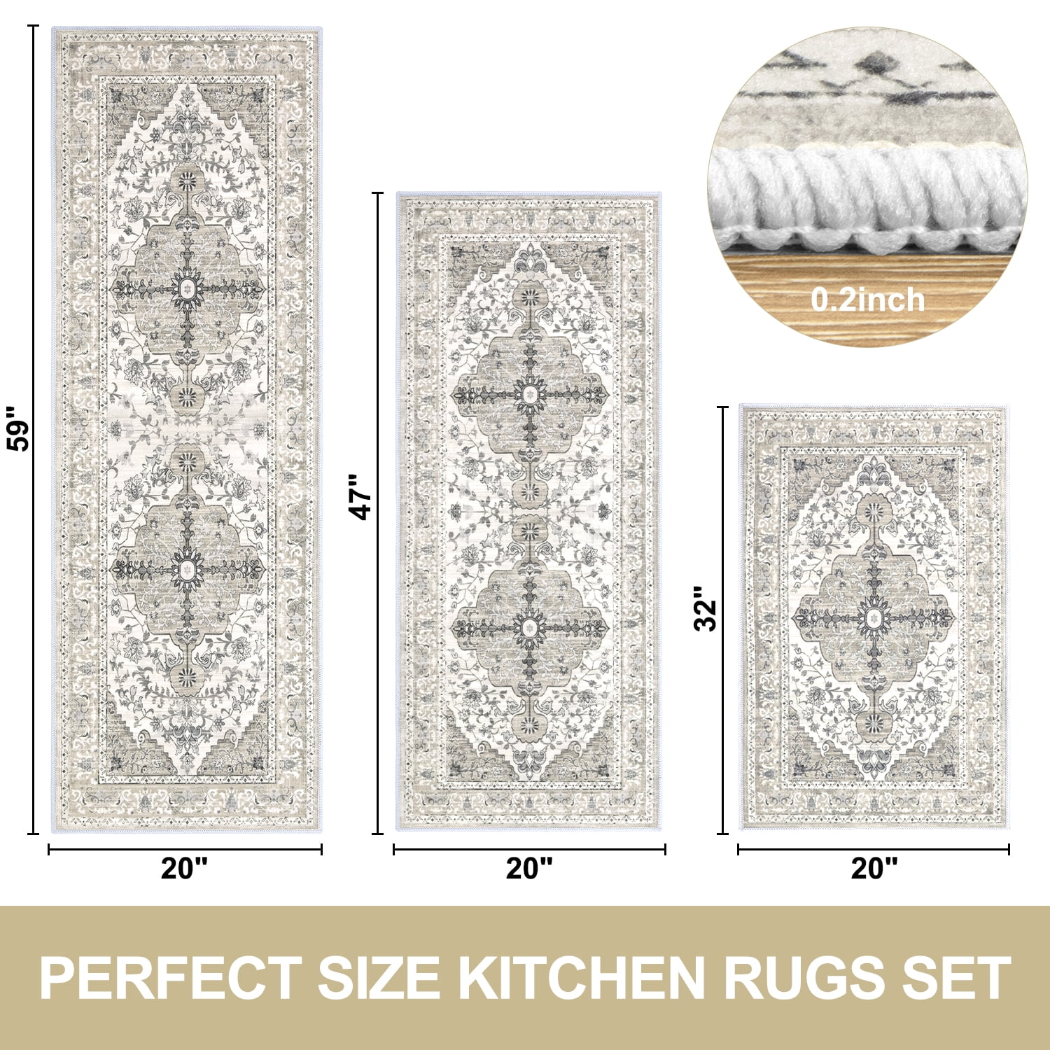 Kitchen Rug and Mat, Yamaziot Boho Kitchen Rug Set of 3, Non Slip Washable Farmhouse Floor Mat Hallway Runner, Laundry Room Carpet