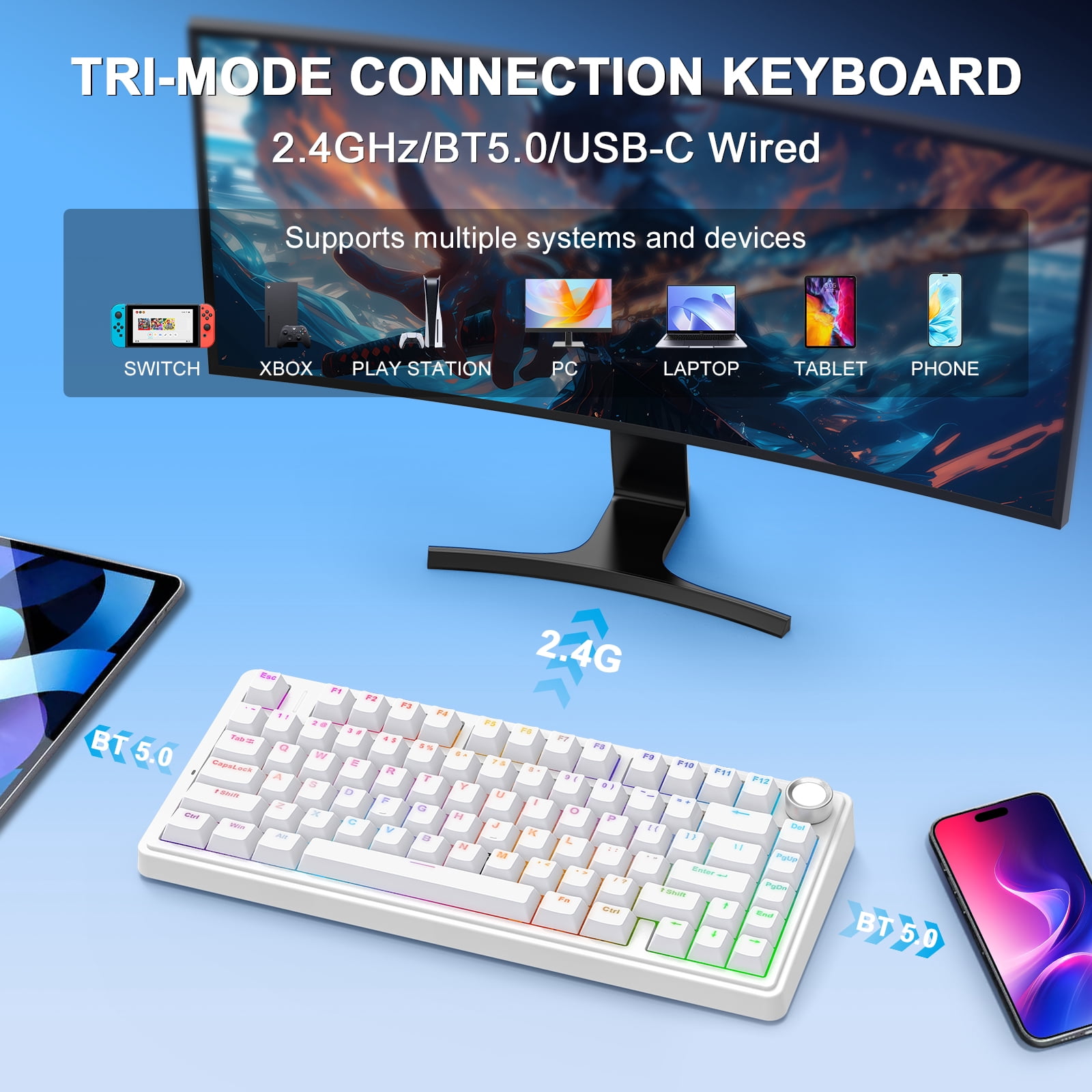 AULA F75 75% Wireless Mechanical Gaming Keyboard, Hot Swappable, RGB Backlit, BT5.0/2.4GHz/Type-C, Pre-lubed Reaper Switches