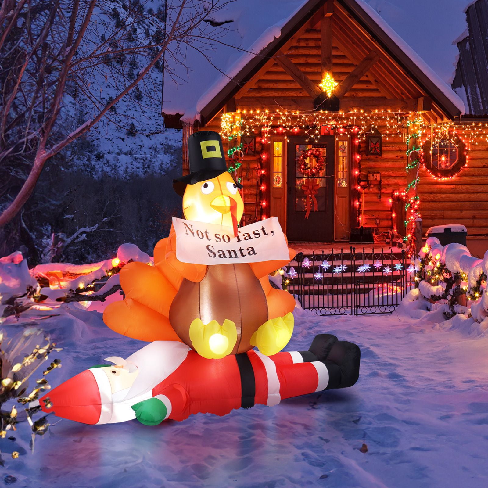 4.9FT Lighted Christmas Inflatable Decoration, Inflatable Turkey Sitting on Santa Claus, Funny Blow Up Yard Decorations with Built-in LED Lights for Holiday Party Front Yard Lawn Garden Decor