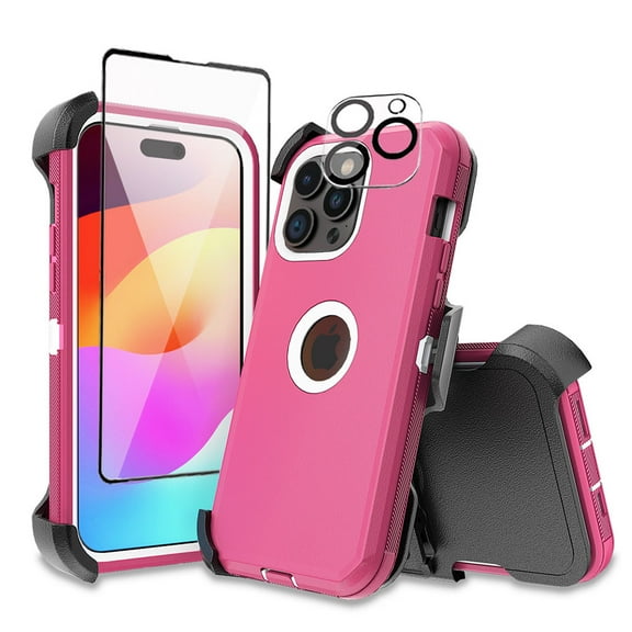 Xhy iPhone 15 Pro Max Case with Screen and Lens Protector and Belt Clip Holster Military Grade Heavy Duty 3 in 1 Shockproof Armor for iPhone 15 Pro Max 6.7 inch 2023 Phone - Rose Red White