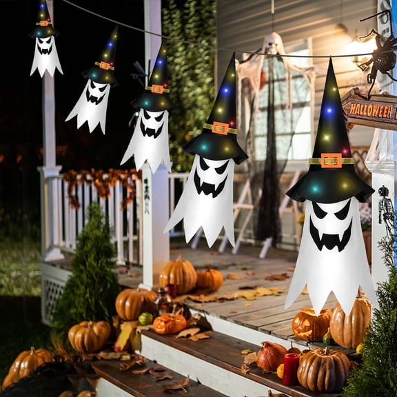 Halloween Decorations Outdoor,5 Pack Glowing Ghost, Halloween Flying Ghost Hats Hanging Witch Hat for Tree Decor with Lights