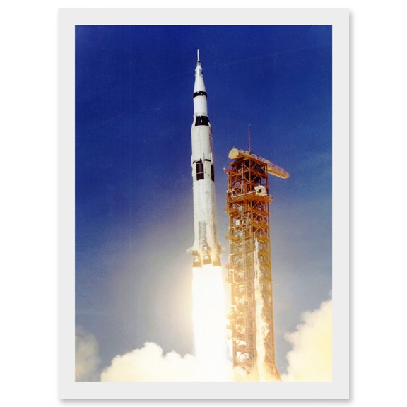 Space Apollo 11 Launch Saturn V Rocket Blast Thrust Flame USA A4 Artwork Framed Wall Art Print