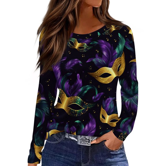 Fgvctg Mardi Gras Women's Tops Dressy Casual Long Sleeve Crewneck Top Flowy Carnival Party Pullover Shirt Oversized Mask Print Celebration Blouse Black L