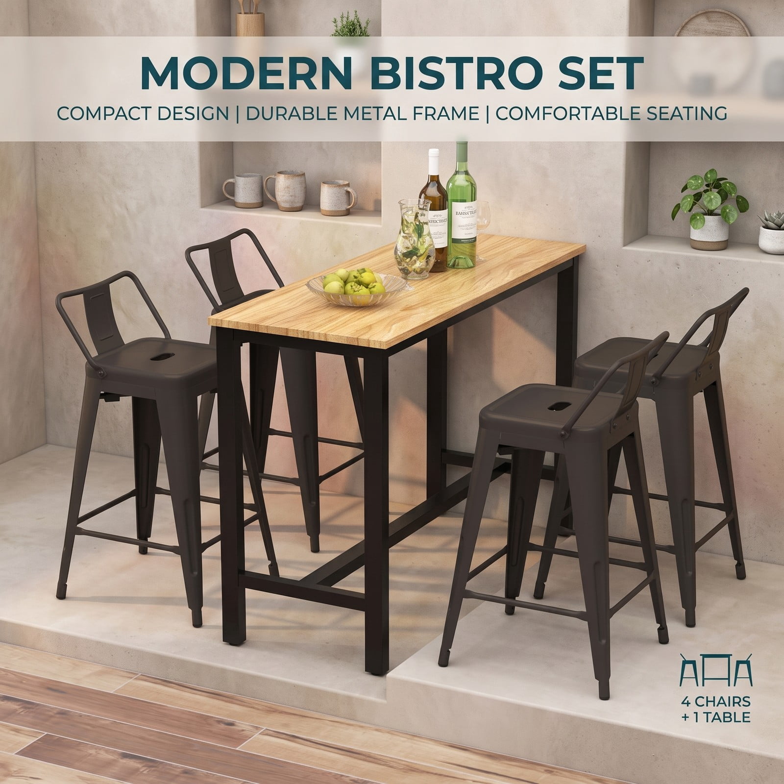 Furnibear 24 Inch Cafe Side Chairs Set of 4, Metal Bar Stools with Removable Backrest, Footrest and Rubber Feet, Stackable Counter Height Kitchen Chairs for, Gun Black