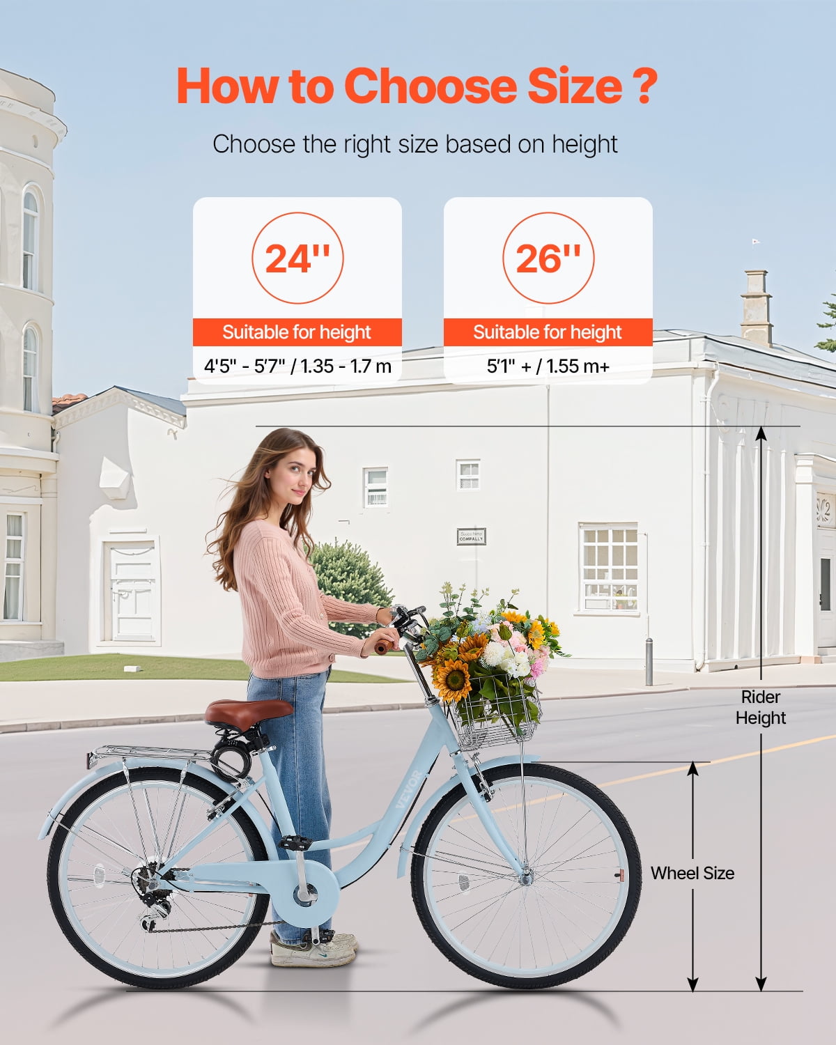 VEVOR Cruiser Bike, 7-Speed, 26-Inch Light Blue Beach Cruiser Bike with Large Capacity Basket and Rear Rack, Secure & Sturdy Cruiser Bike with Adjustable Seat, Fits for Cycling, Exercise & Shopping