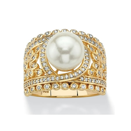 - Simulated Pearl and Cubic Zirconia Floral Cocktail Ring .65 TCW in 14k Gold over Sterling Silver
