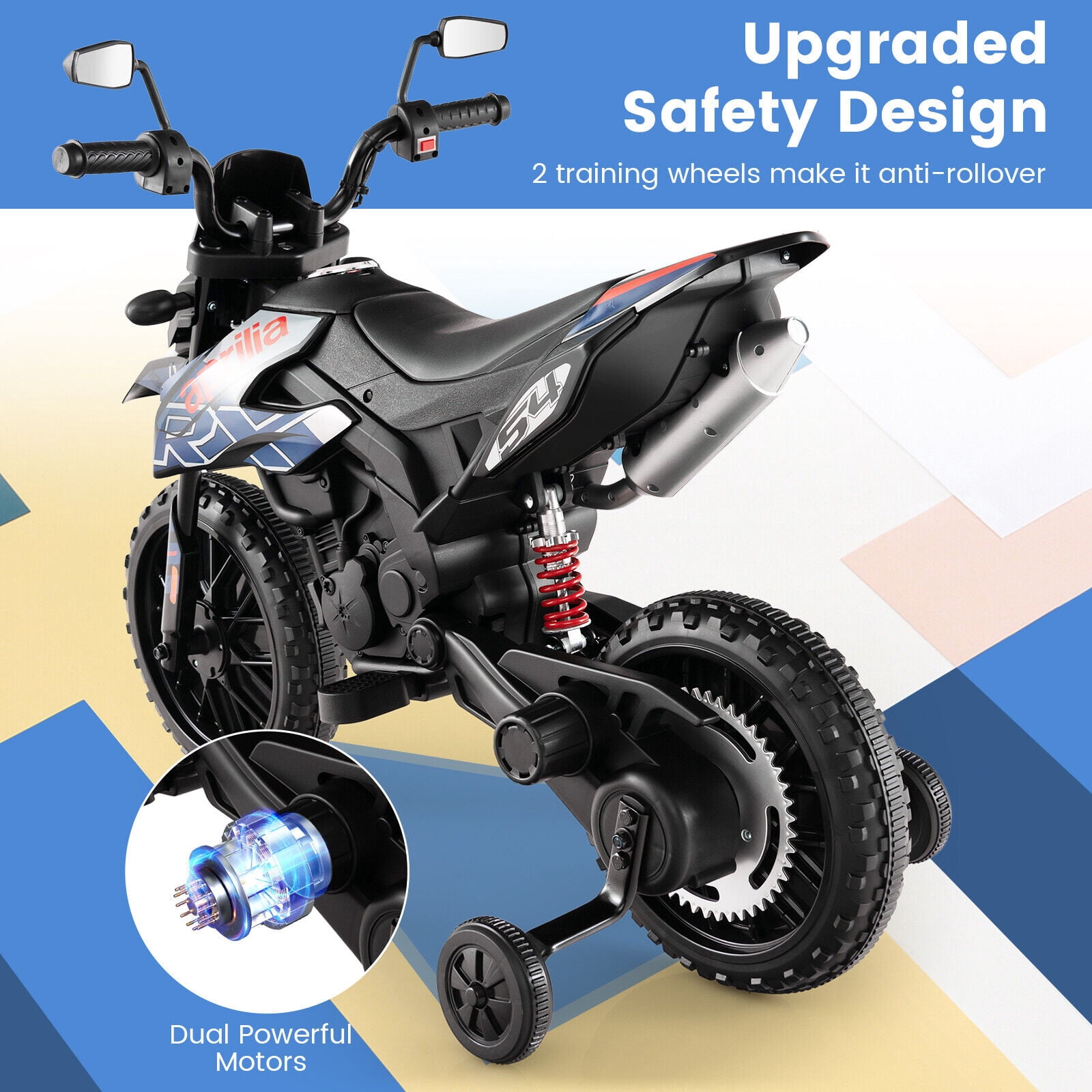 WERSEON Kids Motorcycle 12V, Licensed Aprilia Electric Ride on Motorbike for Toddlers Ages 3-6, Powered Ride on Toy w/ Training Wheels, Blue