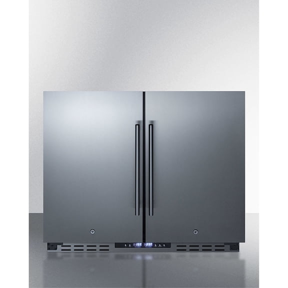 36" wide ADA height frost-free side-by-side undercounter refrigerator-freezer black cabinet, stainless steel doors, and digital controls