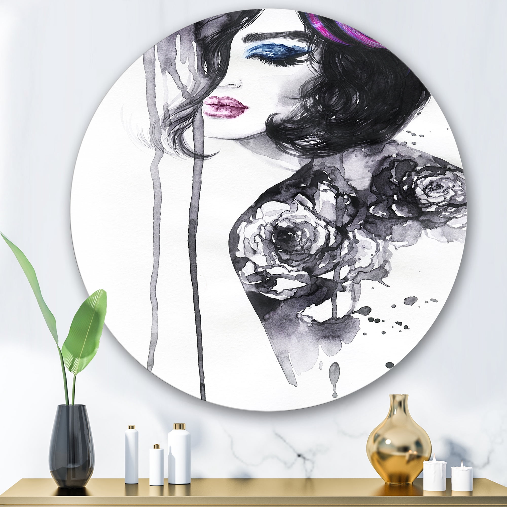 Designart 'Monochrome Female Portrait With Colorful Makeup' Modern Circle Metal Wall Art 36x36 - Disc of 36