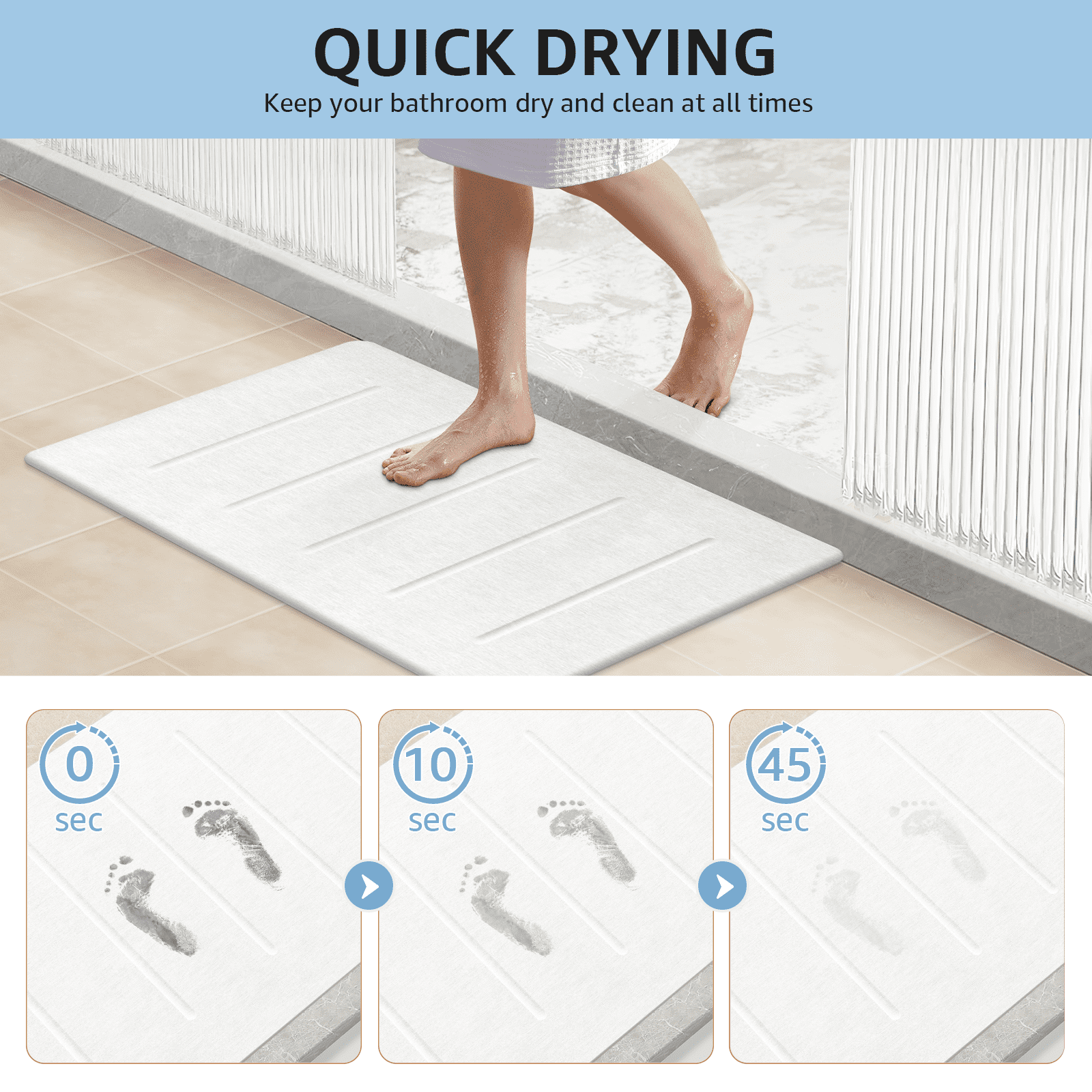OTHWAY Stone Bath Mat Large, 32" x 20" Diatomaceous Earth for Bathroom, Super Absorbent Quick Drying Non-Slip Diatomite Shower Mat (White Grey)