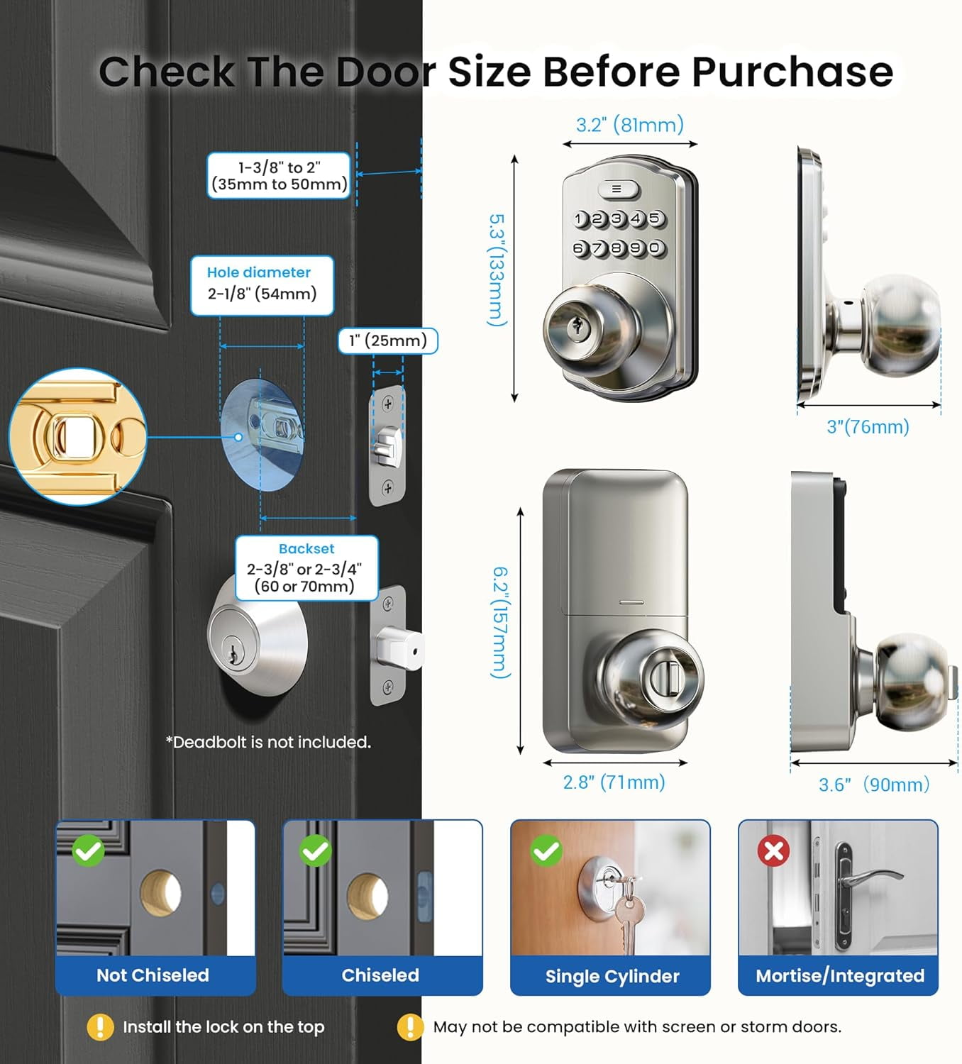 Veise Keypad Door Knob Lock, Keyless Entry Digital Lock for Front Door & Bedroom, Aluminum Metal Satin Nickel