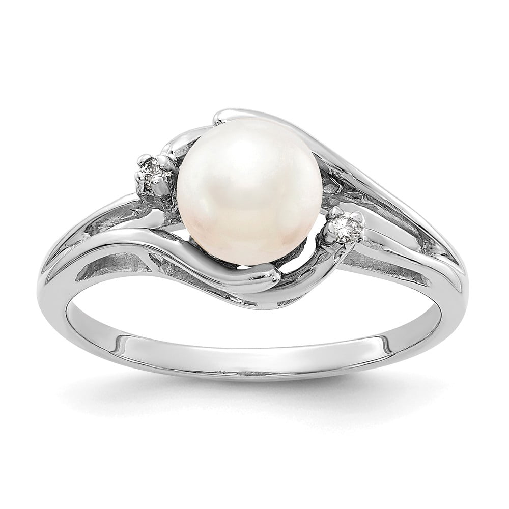 Solid 14k White Gold 6mm Freshwater Cultured Pearl Diamond Ring Band ...