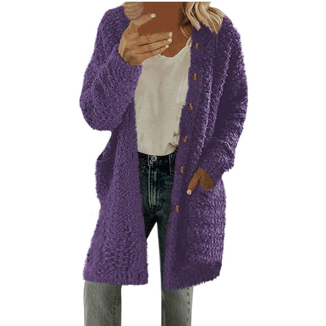 LOVZFMLL Jackets for Women's Casual Plush Solid Color Button Pocket Jacket Top