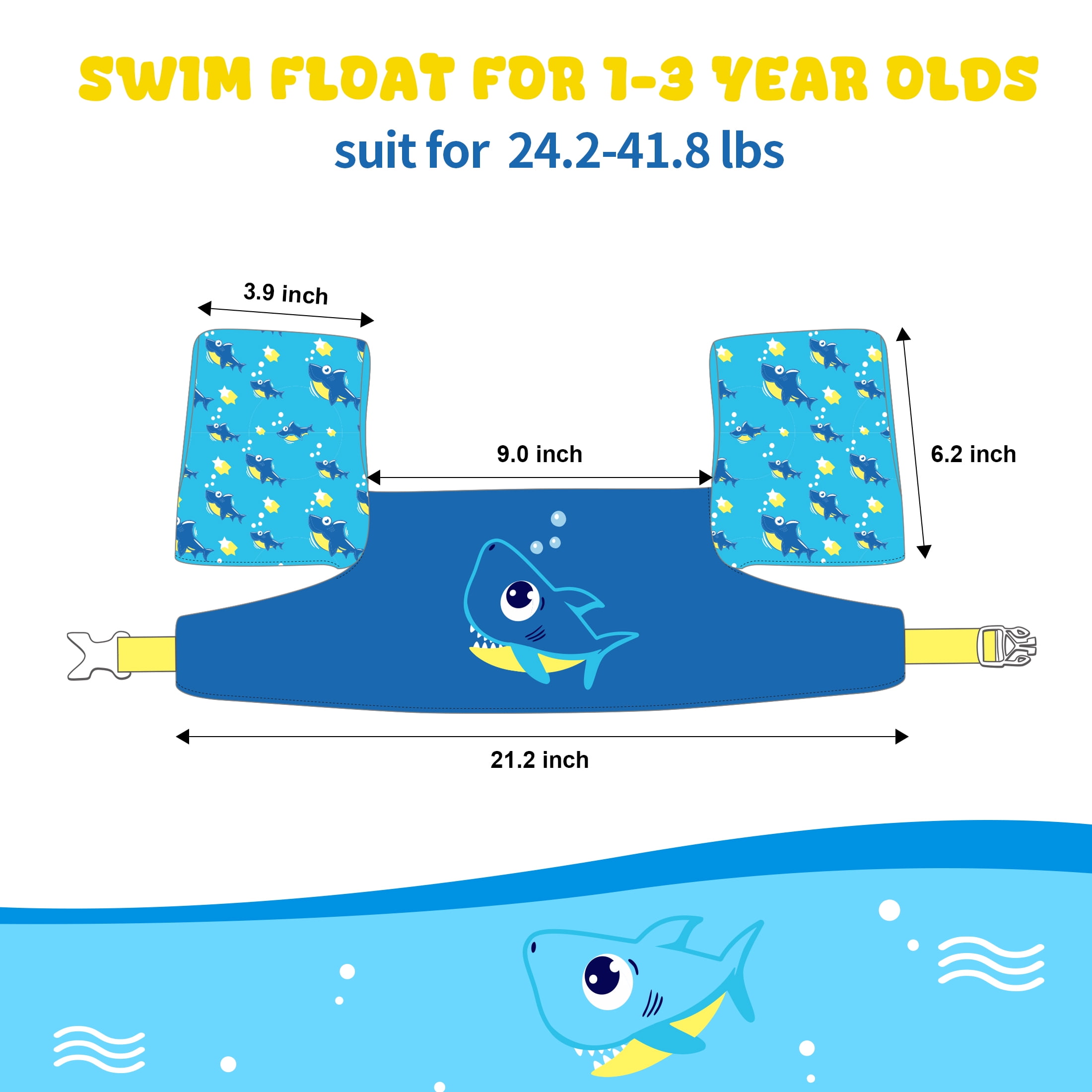 NEO-SPLASH Toddler Swim Vest with Armbands, Life Jackets for Kids Aged 1-3 (24.2-41.8 lbs), Blue Shark