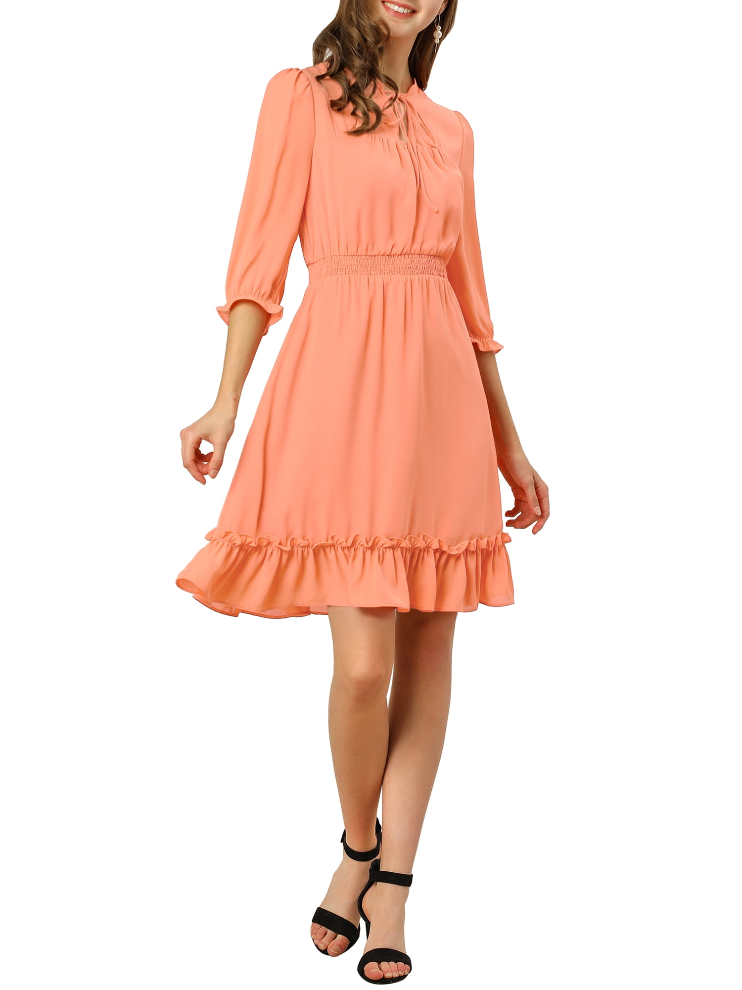 DARING DIVA Tie V Neck Chiffon 3/4 Sleeve Smocked Mini A-Line Dress XS Salmon