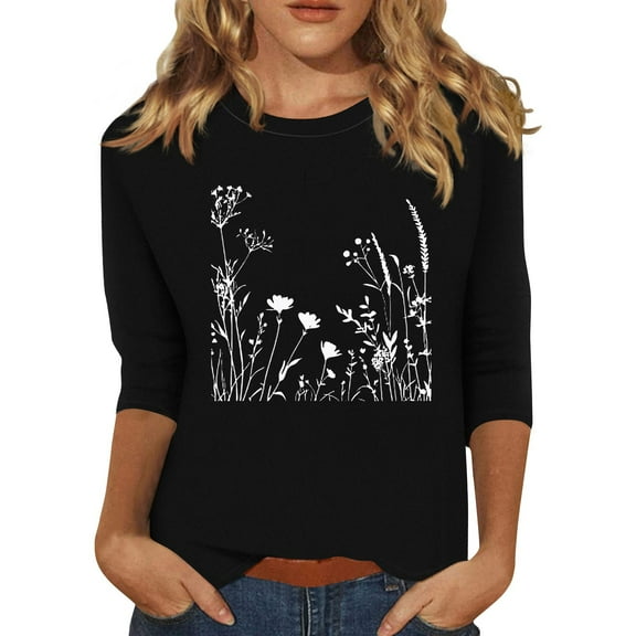 NAMTYQX Plus Size Tops for Women 3/4 Sleeve Womens Blouse Cute Casual Scoop Neck Tops for Women Trendy Black Size M