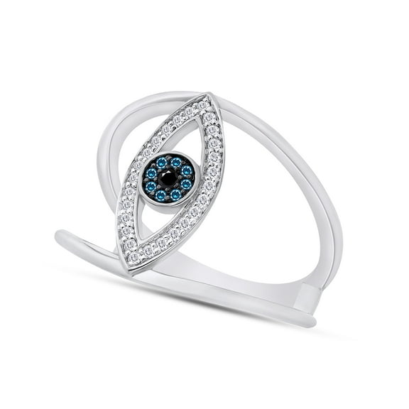 AFFY 1/6 Carat Natural White & Blue With Enhanced Black Diamond Evil Eye Anniversary Ring For Women In 14K White Gold Over Sterling Silver ,Ring Size-4