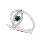1/6 Carat Natural White & Blue With Enhanced Black Diamond Evil Eye Anniversary Ring For Women In 14K White Gold Over Sterling Silver ,Ring Size-4