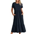 thumbnail image 1 of Kmbangi Femmes Col Rond Swing Longue Robe, Élégante Robe à Manches Courtes Solide Robe d'Été en Vrac avec Poches, 1 of 6