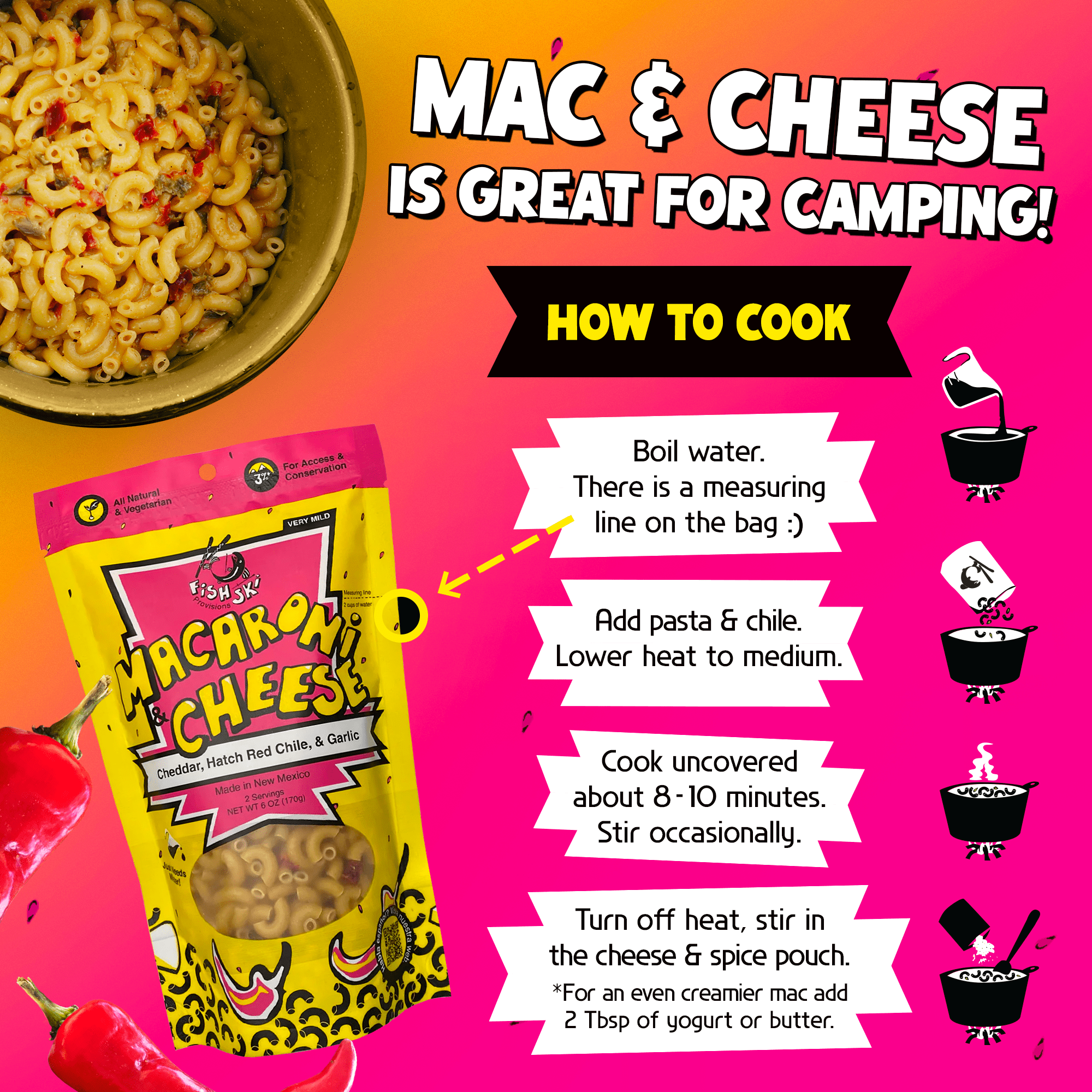 FishSki Provisions Macaroni and Cheese with Hatch Red Chile, Garlic Cheddar Cheese, 6 oz, 12 Packs